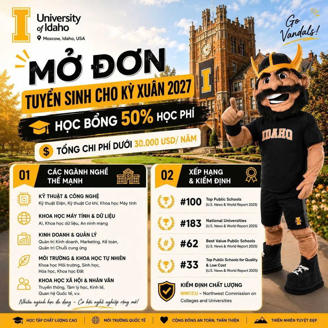 University of Idaho - Học bổng hấp dẫn lên đến hơn 50% 