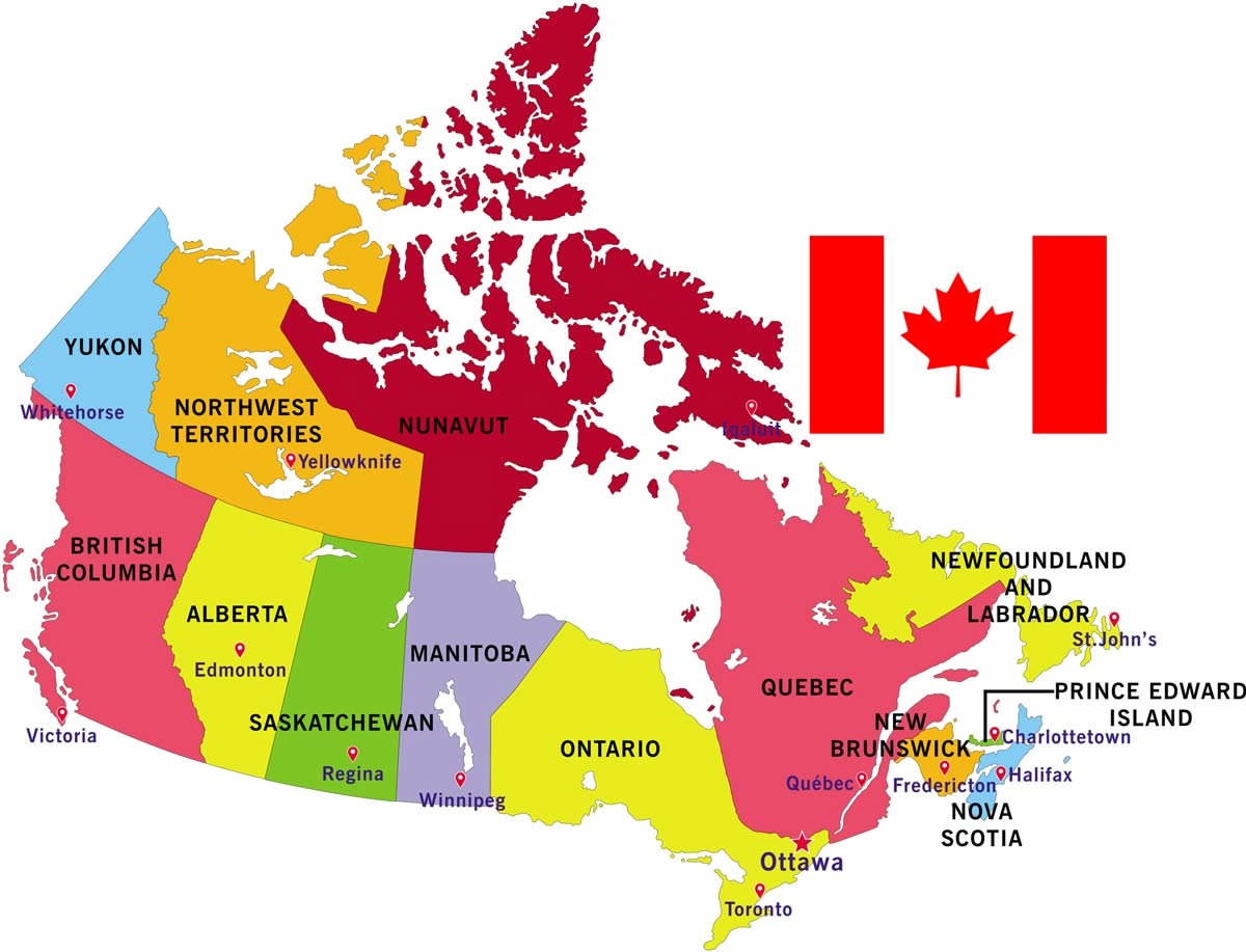Bản đồ Canada thể hiện các tỉnh bang phổ biến với du học sinh