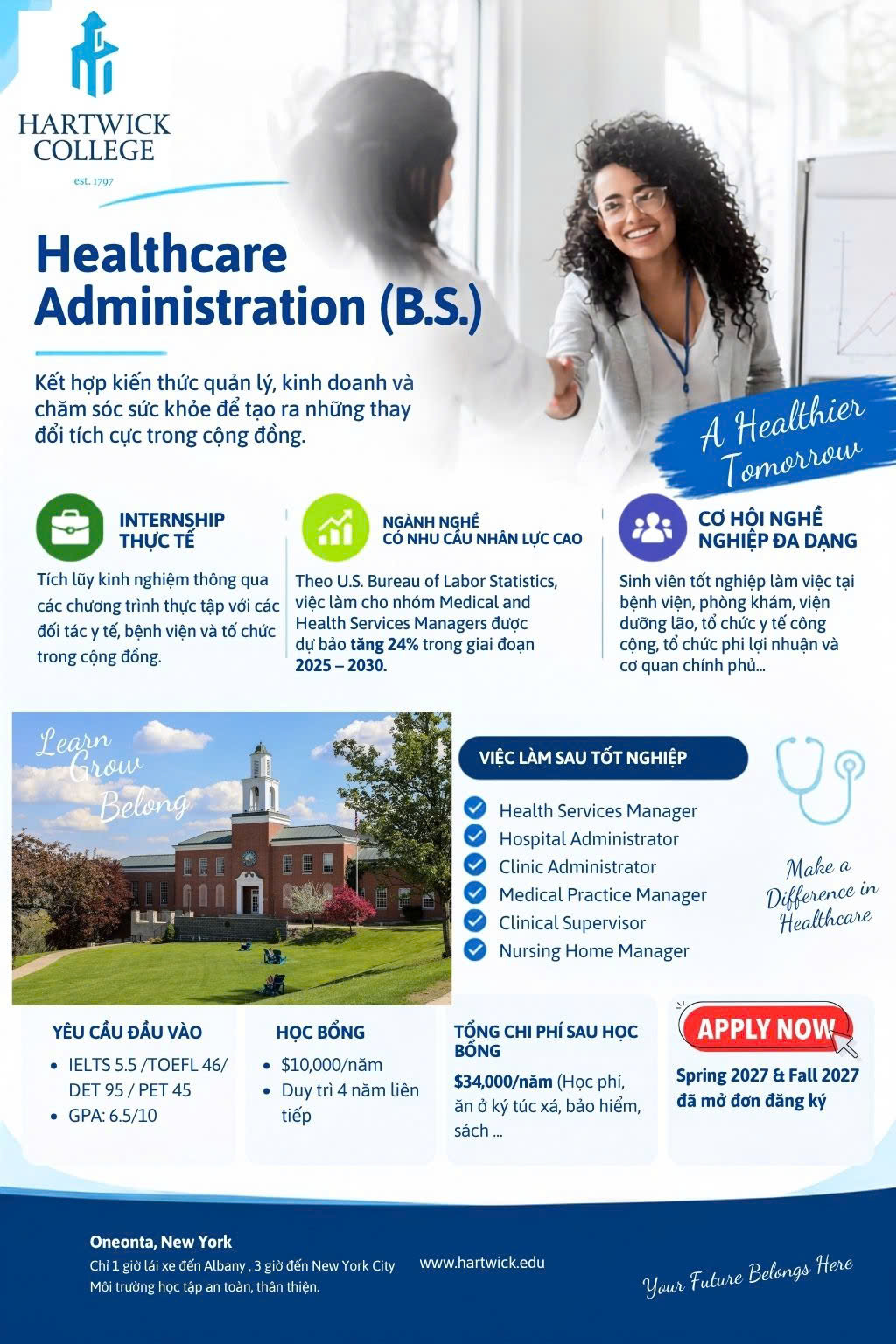 Học bổng $10.000/năm từ Hartwick College