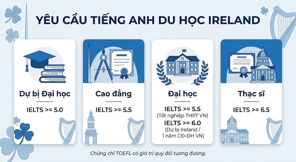 Infographic mức IELTS phổ biến cho các bậc học tại Ireland