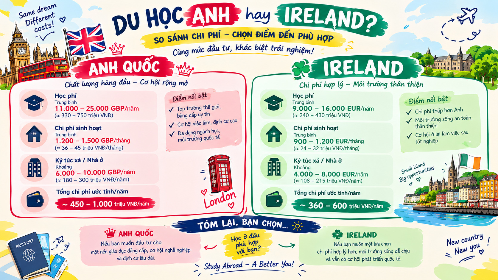 Infographic so sánh chi phí du học Anh và Ireland