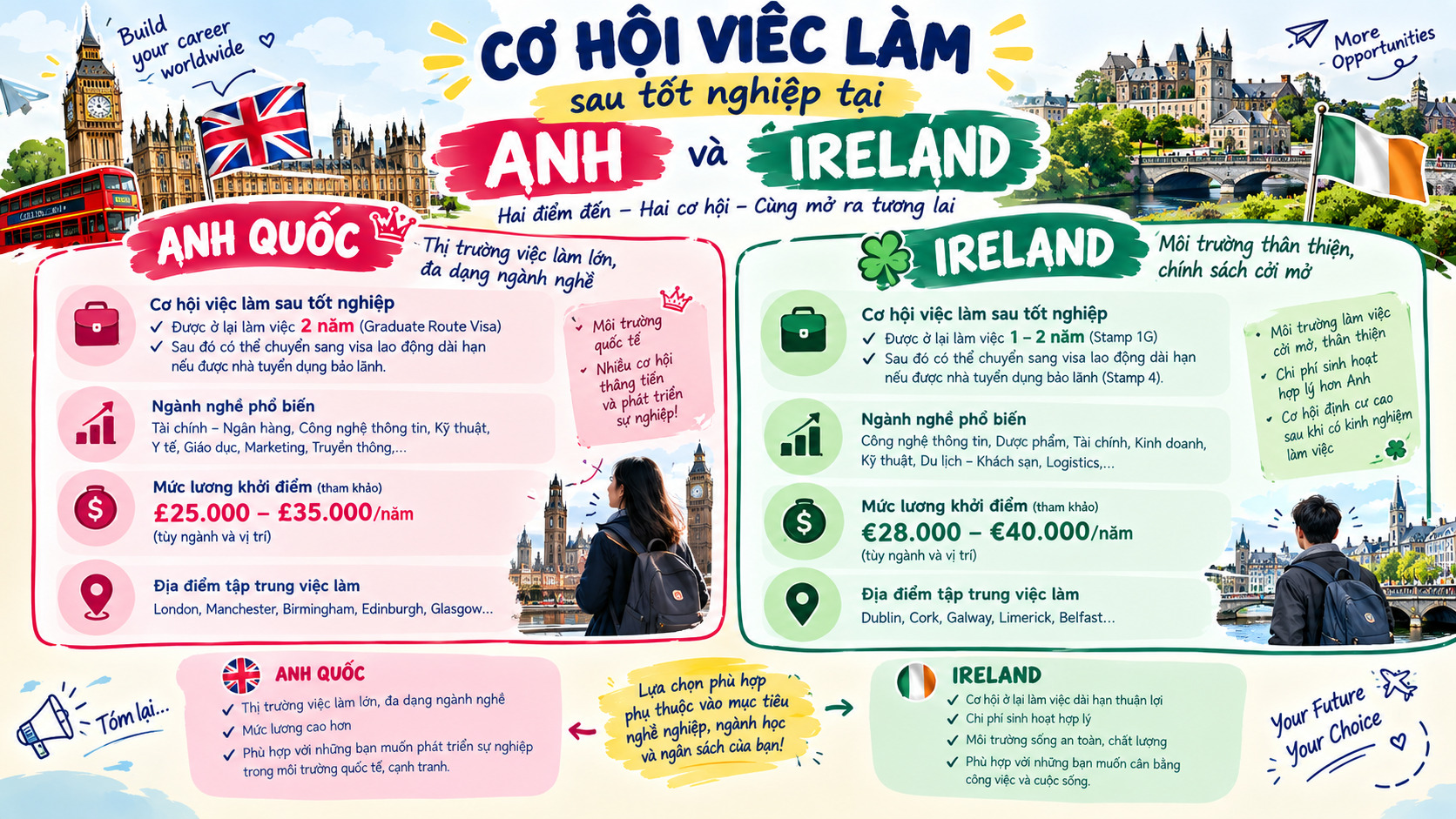 Infographic so sánh cơ hội việc làm sau tốt nghiệp tại Anh và Ireland