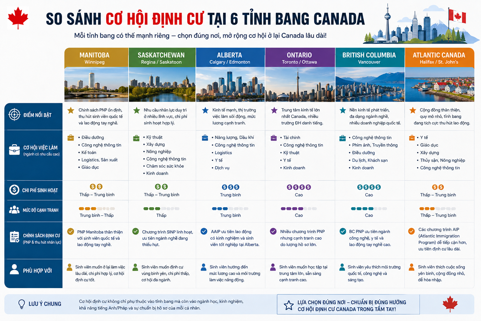 Infographic so sánh Manitoba, Saskatchewan, Alberta, Ontario, British Columbia và Atlantic Canada