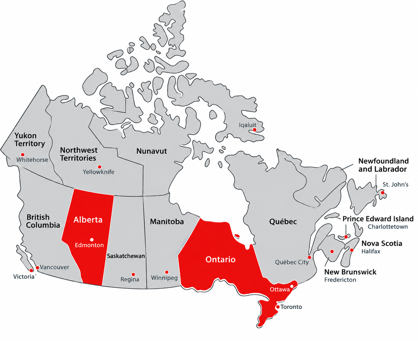 Vị trí bang Ontario và Alberta trên bản đồ Canada